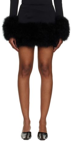 Stretch viscose- and nylon-blend jersey skirt. · Turkey feather trim at hem · Zip closure at back · Full voile lining Supplier color: Black Trim: 100% turkey feathers. Black Fur Mini Skirt, Chic Skirt With Feather Trim, Chic Feathered Bottoms For Evening, Chic Evening Bottoms With Feathers, Chic Feather Trim Bottoms, Fur Trim Skirt, Feather Trim Skirt, Fur Mini Skirt, Trim Skirt