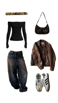 a woman's outfit including jeans, jacket and shoes is shown in this image