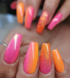 33 Trendy Pink Orange Ombre Nails To Do [Video Included] Orange Pink Ombre Nails, Bright Ombre Nails Summer, Ombre Orange And Pink Nails, Pink Orange Ombre Nails, Pink And Orange Ombre Nails, Pink And Orange Ombre Nails Art Designs, Pink Orange Glitter Nails, Hot Coral Nails