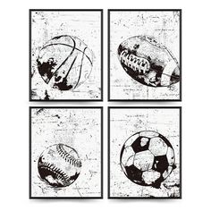 four black and white pictures of sports balls