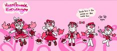 some cartoon characters in pink and red outfits with hearts on their chest, one girl is holding