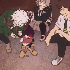 three anime characters sitting on the ground next to each other