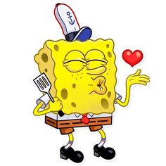 a spongebob character holding a red heart