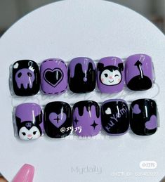 Kurumi Nails Art, Kumori Nails, Sanrio Nail Art Kuromi, Kuromi Nail Designs, Hatsune Miku Nails