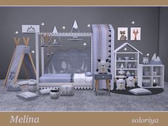 a child's bedroom is decorated in white and grey