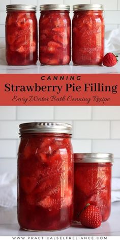 canning strawberry pie filling in mason jars with strawberries on the top and below it