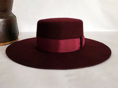 Wine Wool Felt Bolero Wide Brim Flat Crown Wool by AgnoulitaHats Adjustable Burgundy Flat Brim Hat, Butterfly Stomach, Wide Brim Hat Men, Bolero Hat, Burgundy Flats, Womens Fedora, Head Scarf Styles, Tall Men, Hat Men