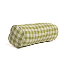 a green and white gingham pillow on a white background with the bottom rolled up