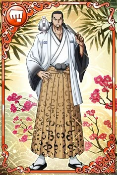 an illustration of a man in traditional japanese clothing holding a stick and wearing a white robe