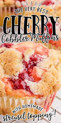 These cherry cobbler muffins are absolutely scrumptious, packed with juicy cherries and topped with a crumbly, sweet streusel. They look like mini coffee cakes and would be the perfect thing for breakfast or dessert. Cobbler Muffins, Easy Cherry Cobbler, Sweet Muffins, Muffin Flavors, Cherry Muffins, Dessert For Breakfast, Bakery Style Muffins, Canning Cherry Pie Filling, Breakfast Easy