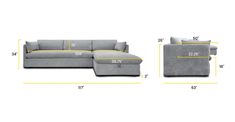 the sectional sofa and ottoman are shown with measurements for each piece in this image,