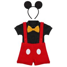 a mickey mouse outfit with suspenders and a bow tie