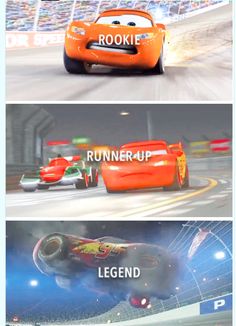 the cars in cars movie are racing and being driven by their respective characters, from left to right