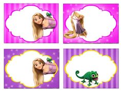 four frames with barbie dolls and a green lizard on the bottom one has an image of rapp from tangled hair