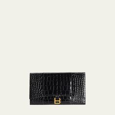 Balenciaga "Hourglass" flat pouch clutch in shiny croc-embossed calf leather Flap top with snap closure; hanging B logo medallion  Interior, one slip pocket  Lining: Leather Spot clean Approx. 5.3"H x 8.2"W x 1.1"D Made in Italy B Logo, Flat Pouch, Pouch Bag, Snap Closure, Calf Leather, Balenciaga, Tops Designs, Pouch, Italy