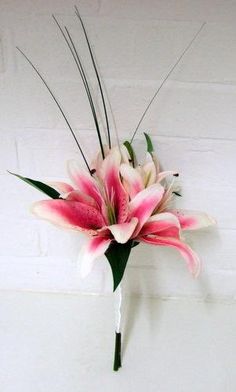 a pink and white flower with long stems in front of a white brick wall on the corner of a room