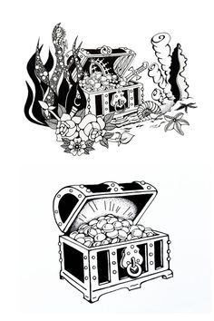 two drawings of an open trunk and a chest filled with coins, flowers and other items