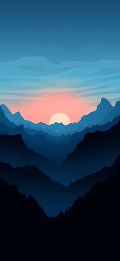 the sun is setting in the mountains with blue and pink hues