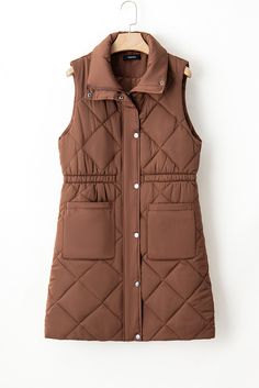 Expertly designed for style and warmth, this Brown Longline Quilted Stand Collar Snap Down Vest features a stand collar and snap down closure for a sleek, modern look. The longline design provides added coverage and the quilted fabric adds extra insulation. Perfect for those chilly days. Size Chart (INCH) Sizes US Sizes Euro Sizes UK Sizes Bust Waist Hem_Width Length Relax Relax Relax Relax S 4-6 34-36 8-10 40.9 35.8 48.0 37.0 M 8-10 38-40 12-14 43.3 38.2 50.4 37.8 L 12-14 42-44 16-18 45.7 40.6 Coffee Silhouette, Denim Short Jumpsuit, Pocket Vest, Plus Size Mini Dresses, Quilted Puffer Vest, Cardigan Sweater Vest, Evening Dresses Plus Size, Vest Coat, Outerwear Vest