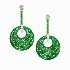 Green Jade Emerald & Diamond Platinum Earrings on a white background Green Princess, Emerald Diamond Earrings, Platinum Earrings, Ear Clips, Carved Jade, Green Hand, Colombian Emeralds, Jade Carving, Yellow Gold Earring