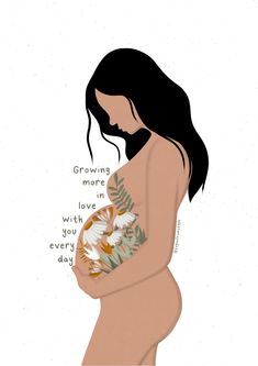 a pregnant woman with tattoos on her arms and belly, holding flowers in her hand