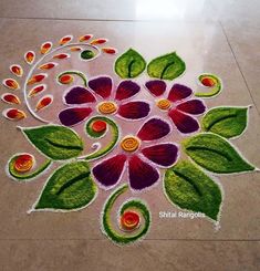 a flower design on the ground with green leaves and red flowers painted on it's side