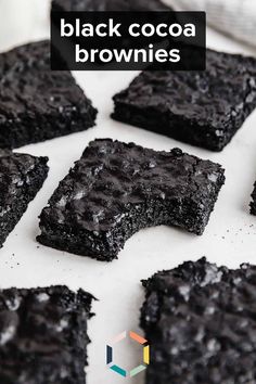 black cocoa brownies on a white plate with text overlay that reads, black cocoa brownies