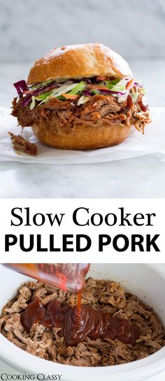 slow cooker pulled pork in a white bowl