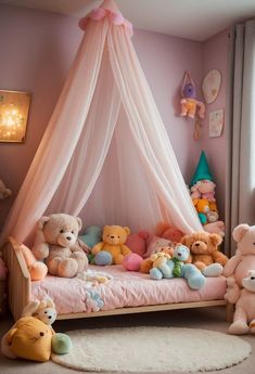 there are many stuffed animals on the bed in this child's room, including teddy bears