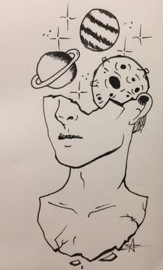 a drawing of a man's face with planets above his head