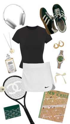 tennis outfit with headphones, racket and other items to wear on the court