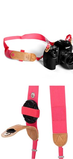 the camera strap is pink and has two different types of cameras attached to each side