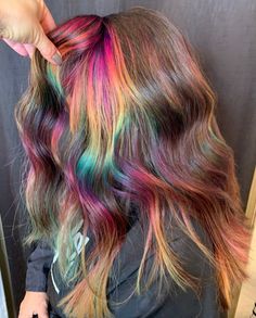 Peak A Boo Rainbow Hair Color, Rainbow Brunette Hair, Light Brown Hair With Rainbow Highlights, Rainbow Stripe Hair, Rainbow Halo Hair, Rainbow Highlights Hair Brown, Rainbow Money Piece, Colorful Hair Trends, Queer Mullet