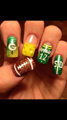 Cool sparkle Packer nails Superbowl Nails, Husker Nails, Fun Pedicure, Nail Themes