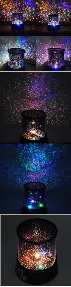 three different views of the light show in various stages of lighting, with multiple colors and shapes