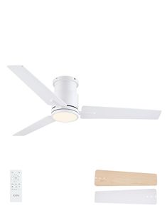 a white ceiling fan next to a wooden stick and remote control on a white background