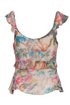 Bring some romance to your wardrobe with this ethereal tank from Reiss! Made with a delicate floral print and tons of whimsical ruffles, this light and airy beauty is perfect for a springtime brunch or bridal shower. Complete your lovely look with light wash jeans and wedges. Size 6 Shell: 100% Viscose Lining: 100% Polyester Front button-up closure Lined Scoop neckline Sleeveless Floral print design Ruffled design throughout Bust 36" Waist 36" Shoulder to hem 23" Floral Print Top With Ruffled Straps For Summer, Sleeveless Floral Print Top For Garden Party, Sleeveless Floral Tops For Garden Party, Jeans And Wedges, Floral Print Design, Light Wash Jeans, Wash Jeans, Spring Time, Scoop Neckline