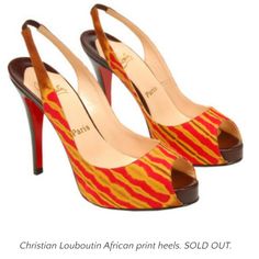 Christian Louboutin Popular Red Bottoms In The Numero Prive Style. It 39½ Insoles Measure 10" (Unfortunately A Bit Too Small On Me, As Picd) 100% Genuine Cow Hide Leather Insoles, Lining & Elasticized Slip-On Sling Backs. Cl's Signature Fleur / Flower Pattern Stamped Batik Fabric Set On 120mm(4.7") Stacked Wooden Heels W/20mm(¾") Self Covered/Hidden Platforms That Add Extra Height @The Front Of The Shoe, Which Offsets The Heel Height, Making The Pitch =100mm(3.9") Pump & Much Easier To Walk In! Natural Labor, Wooden Heels, Heel Tap, High Heels Sandals, Fabric Set, Platform High Heels, Wooden Heel, Cow Hide, Red Bottoms