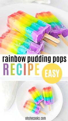 rainbow pudding pops recipe on a white plate with text overlay that reads, rainbow pudding pops recipe easy