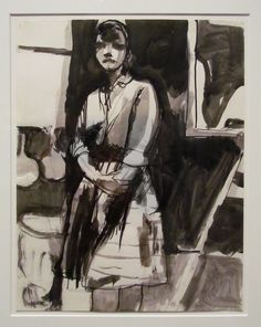 a black and white drawing of a woman standing in front of a window with her hands on her hips