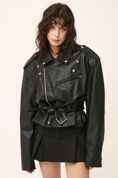 BLACK S/M - ESTIMATED RELEASE TIME : 14 BUSINESS DAYS Fits up to large size Front zip fly closure Faux leather jacket Removable belt 100% Polyurethane Professional Clean Only / Do Not Tumble Dry S/M: Shoulder: 54cm (21.3in) / Bust: 59cm (23.2in) / Sleeve: 63.5cm (25.0in) / Armhole: 23cm (9.1in) / Length: 55.5cm (21.9in) / Model's height is 7′ 5″ (170cm) Bust 32.5in Waist 23.5in Hip 34in and wearing S/M 사이즈 정보Size information (단위:cm)(Unit : inch) S/MS/M 사이즈 정보 Size information 어깨Shoulder 5421.3 가 Black Belted Biker Outerwear, Black Biker Outerwear With Belt, Black Leather Outerwear With Belt, Black Fall Outerwear With Belt Loops, Black Belted Outerwear For Fall, Edgy Belted Fall Outerwear, Edgy Belted Outerwear For Fall, Edgy Belted Biker Jacket For Winter, Edgy Belted Biker Jacket For Work