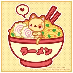 a cartoon cat sitting in a bowl of noodles