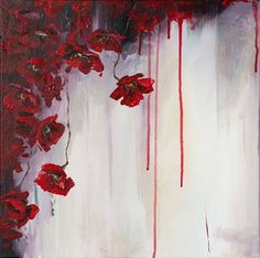 an abstract painting with red flowers and dripping paint