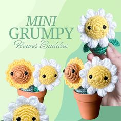 three crocheted sunflowers in a pot with the words mini grumpy written on them