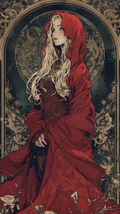 a woman with long blonde hair wearing a red cloak and sitting on a chair in front of an ornate background