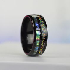 Abalone Shell and Fire Opal Engagement Men's Tungsten Carbide Ring Tungsten Carbide Mens Rings, Elegant Rings, Tungsten Mens Rings, Tungsten Carbide Rings, Opal Engagement, Handcrafted Rings, Tungsten Ring, Elegant Ring, Tungsten Carbide