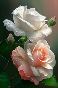 two white roses with green leaves and water droplets on them, against a dark background