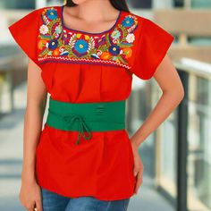 Blusa Bordada TM-77325 Red Embroidered Blouse Mexican Blouse, Mexican Heritage, Live In Style, Traditional Mexican, Sales Tax, Red Blouses, Embroidered Blouse, Extra Large, Blouses For Women