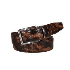 Our Two Toned Brown Mock Gator designer Italian leather belt will outlast the test of trends. At RogerXimenez.com you can customize your belt by selecting a colored stitch, size, and width. Enhance your style with any of our designer belts and brass belt buckles. Leather Belt Details 100% Italian calf leather with nubuck lining Leather tanned and finished in Italy Belt Handcrafted and Made to Order in the USA Available in brown, cobalt, cognac, navy, and white stitching Available in 40mm widths Designer Brown Belt Buckles With Removable Belt, Designer Brown Belt Buckles For Business, Designer Brown Belt Buckle For Business, Designer Brown Leather Belt, Luxury Brown Belts And Suspenders For Business, Modern Brown Belt Buckles For Business, Modern Brown Belt Buckle For Business, Modern Brown Belt For Business, Brass Belt