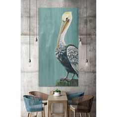 a painting of a pelican sitting on top of a table next to chairs